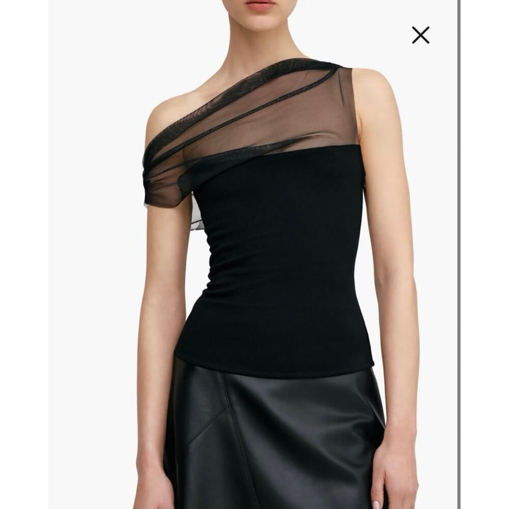 NWOT Marcella Cabrini Mesh One-Shoulder Top in Black SZ L